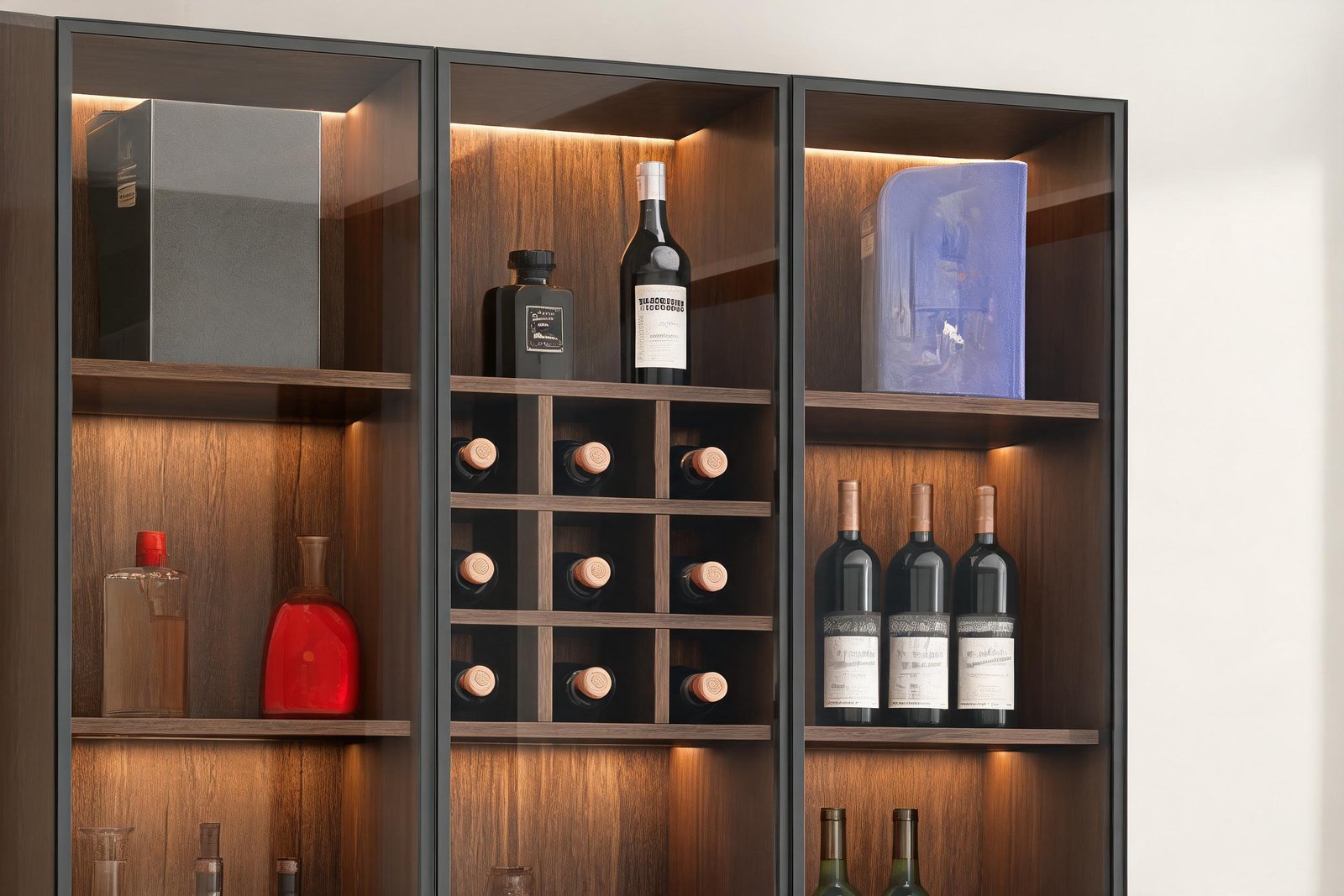 LED lit glass door wine cabinet shelves with wine rack and bottles
