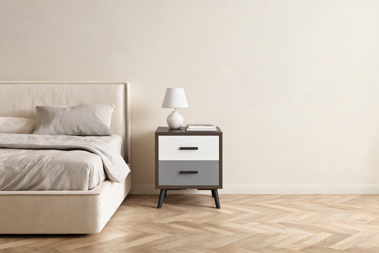 How tall should a nightstand be? This dark walnut nightstand with a white upper drawer and a grey lower drawer sits level with a low platform bed mattress in a warm cream bedroom