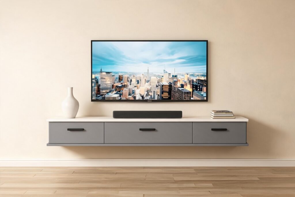Grey wall-mounted floating media console hiding TV cables in a warm cream living room