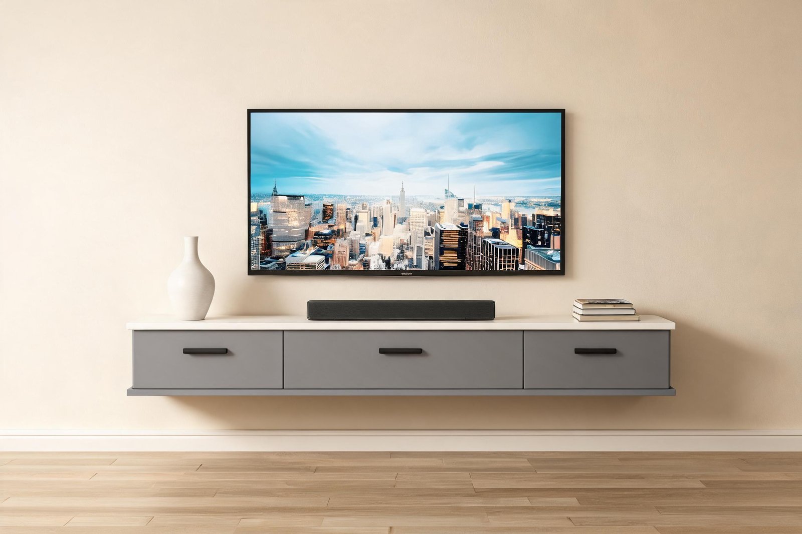 How to Hide TV Cables: 7 Proven Fixes | Apexera 1 Grey wall-mounted floating media console hiding TV cables in a warm cream living room