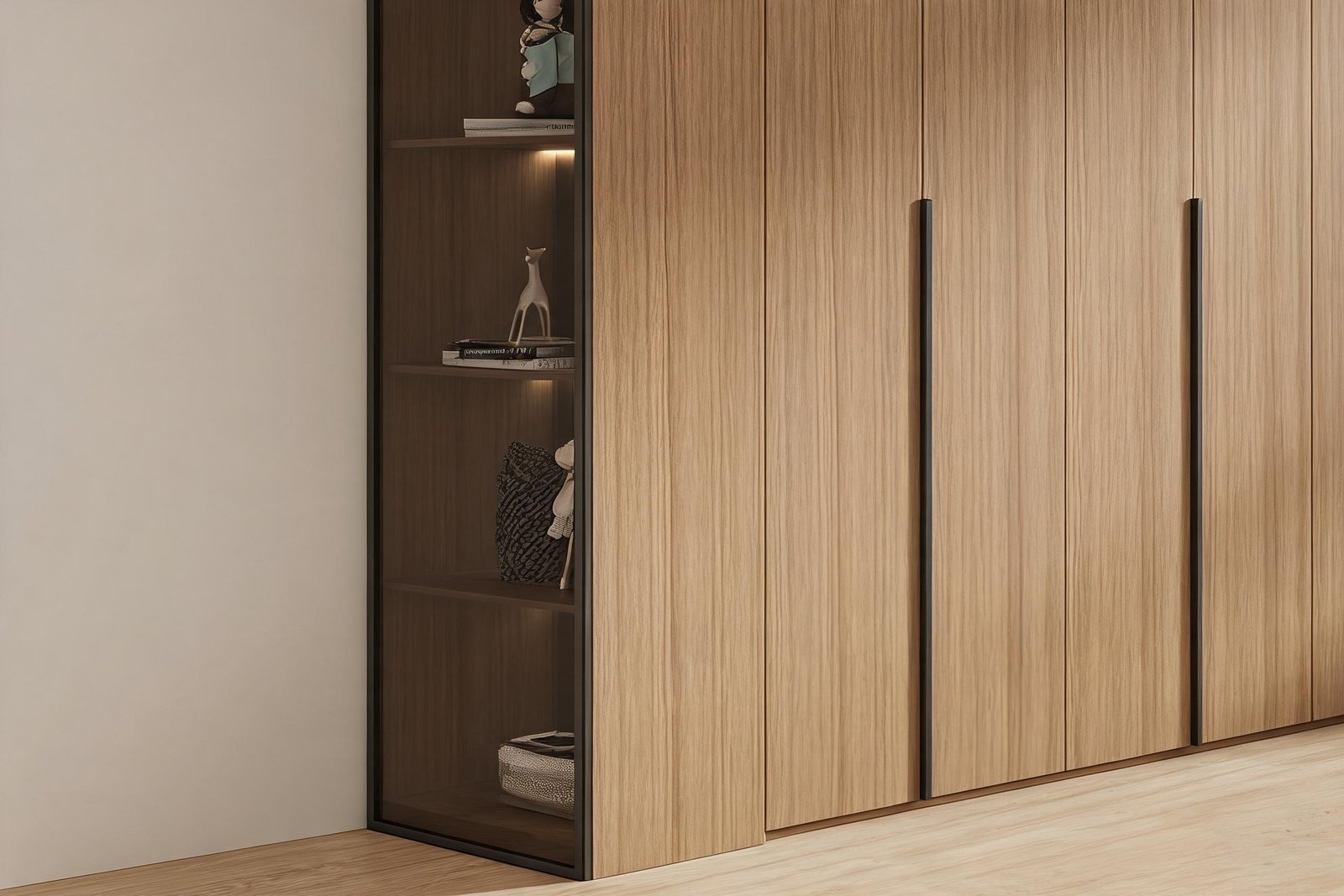 LED lit glass display section of a wood grain wardrobe with shelves and accessories