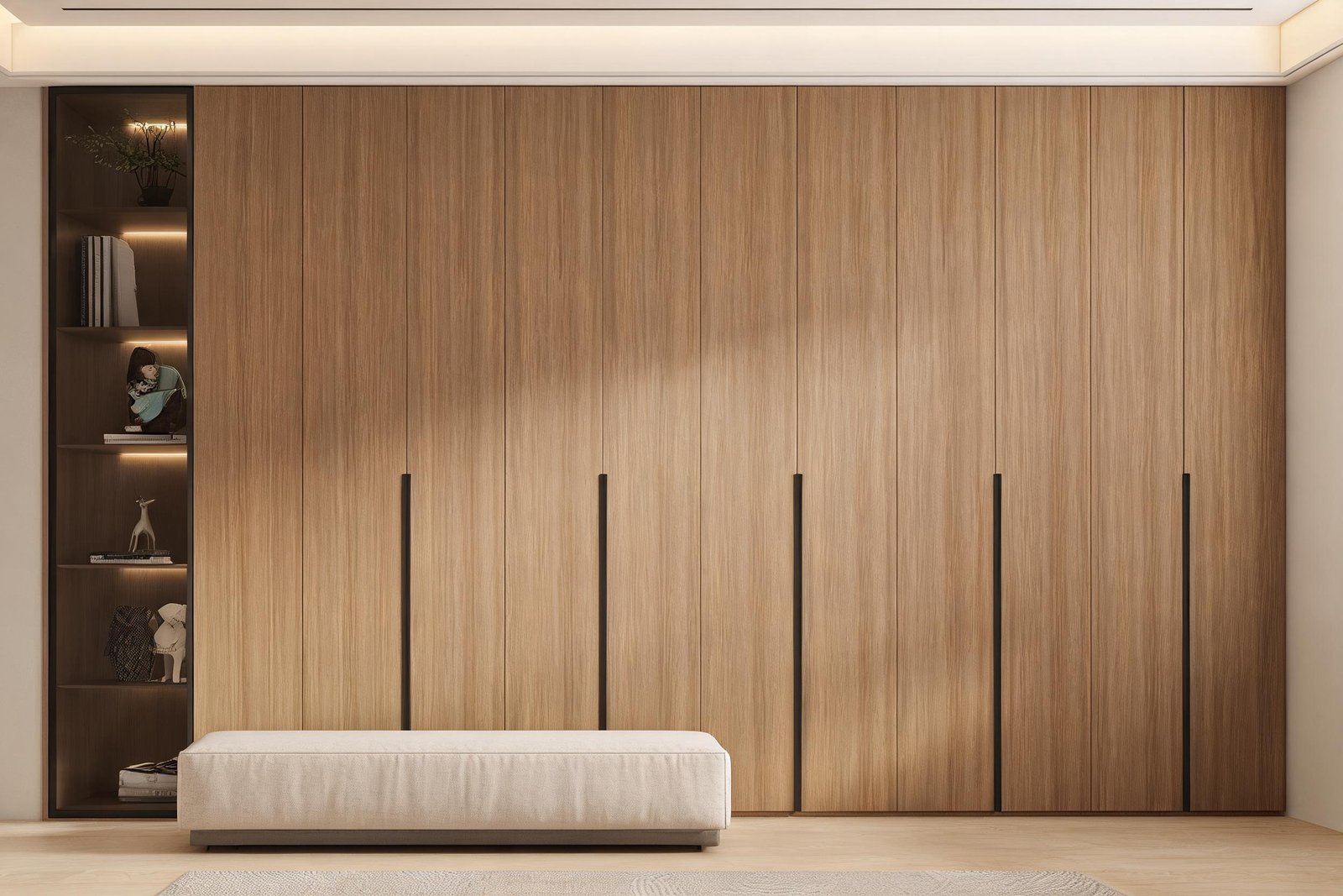 Wood grain modular wardrobe with LED glass display section in a warm bedroom showing how to organize a wardrobe