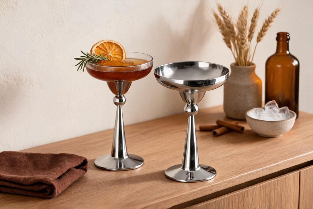 How to style a bar cart for fall with two mirror polished stainless steel cocktail glasses, one holding an amber drink with a dried orange slice, on a warm oak sideboard in a cream room