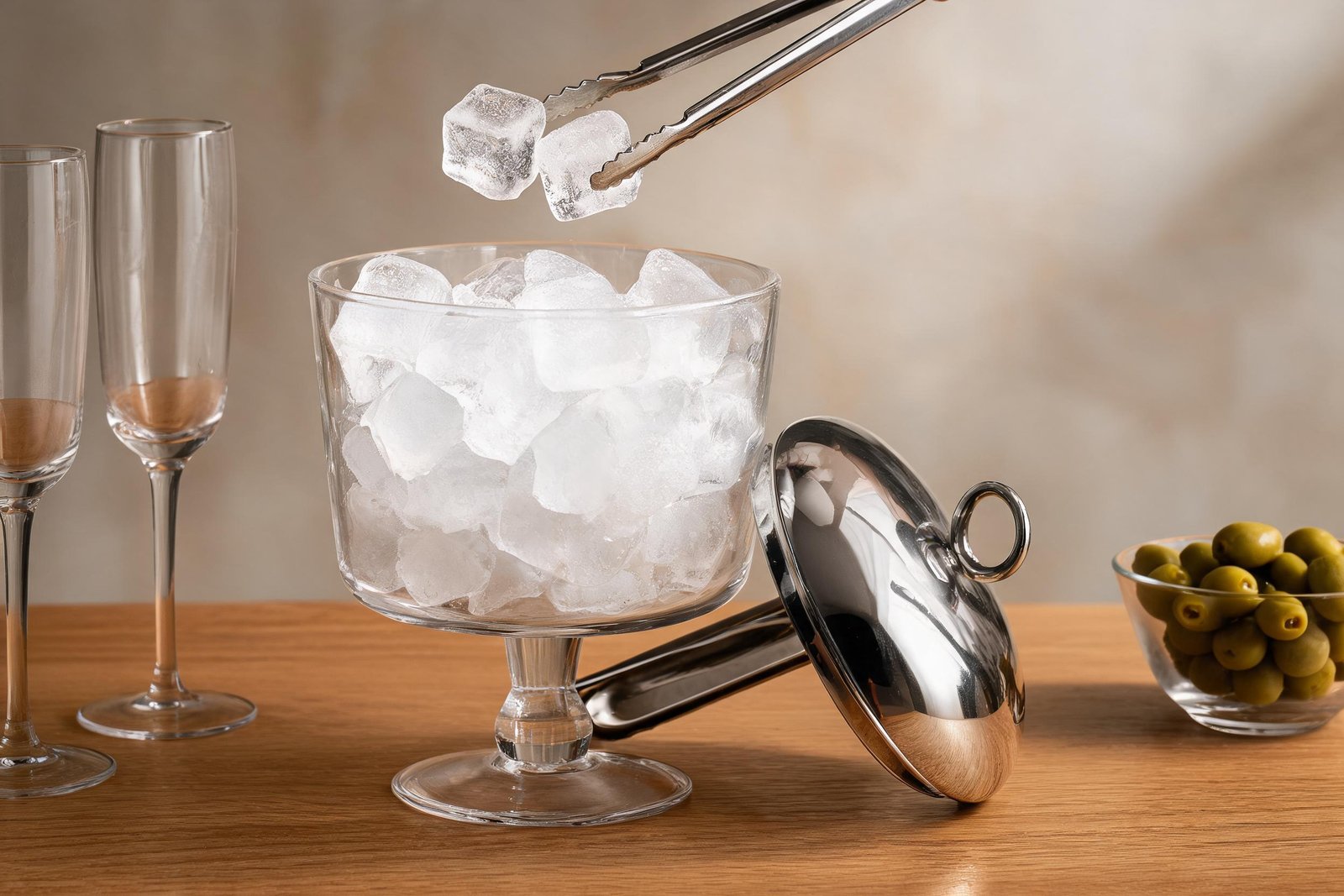 Ice bucket for drinks styled open on a warm oak bar top with the mirror steel lid resting beside the glass pedestal foot and tongs lifting ice