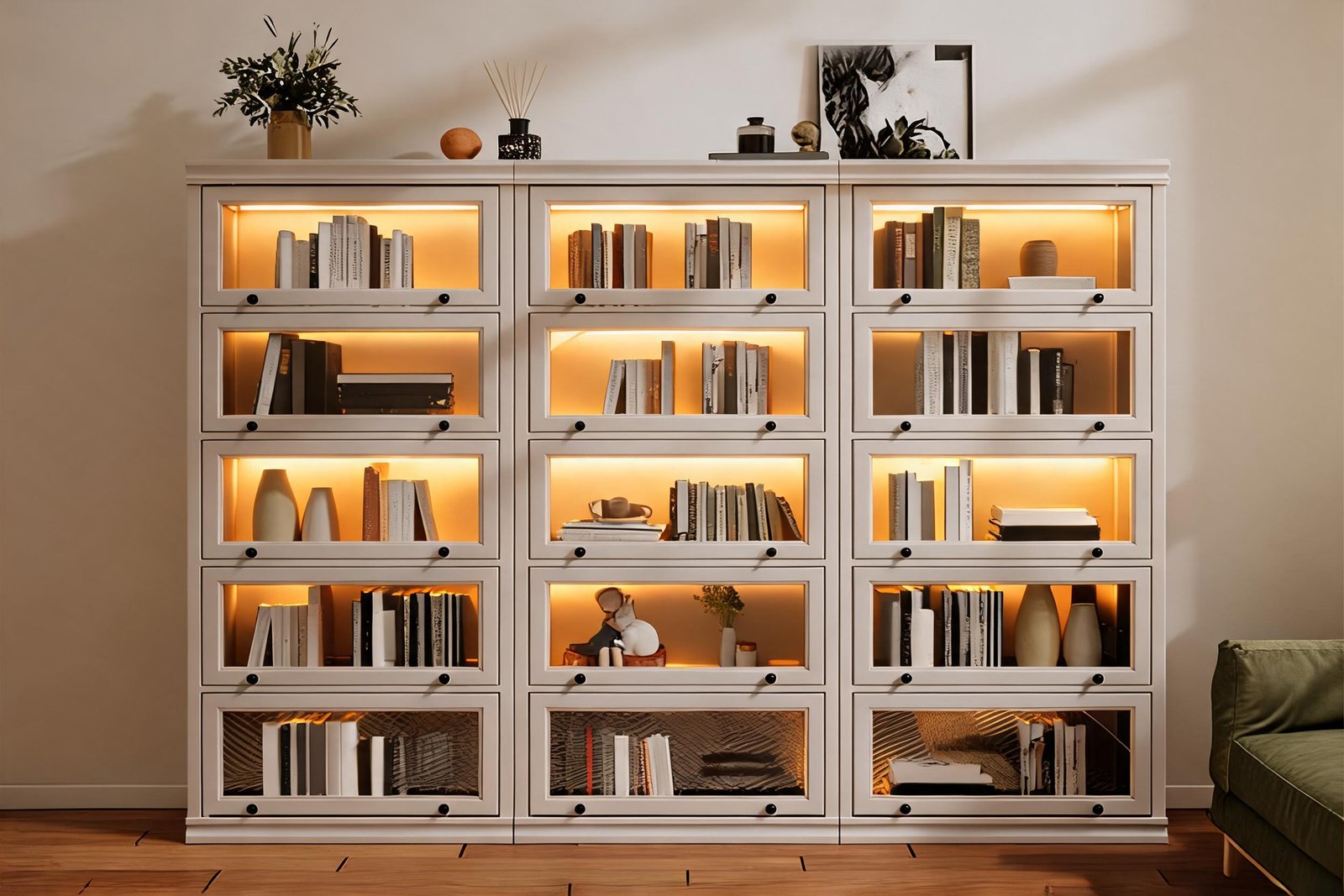 Modern wooden bookcase JX-BC-037 with glass doors and integrated LED lighting in a home library