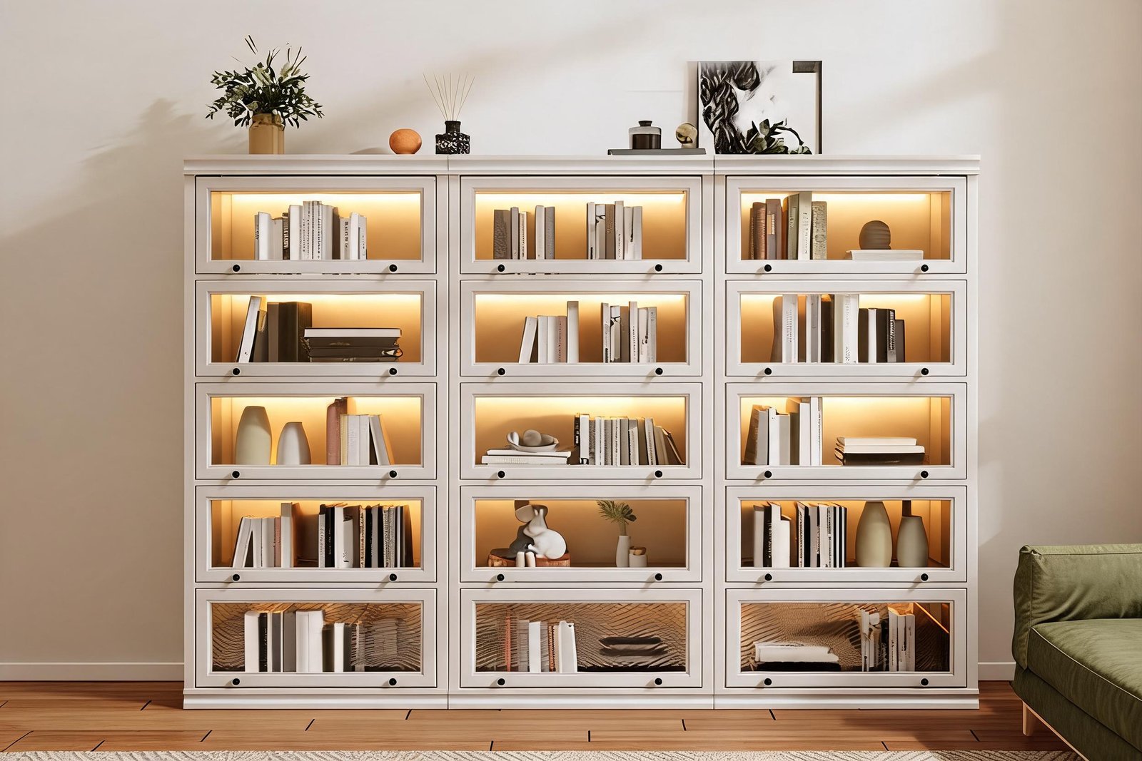 JX-BC-037 bookcase styled with books, decor and a trailing plant