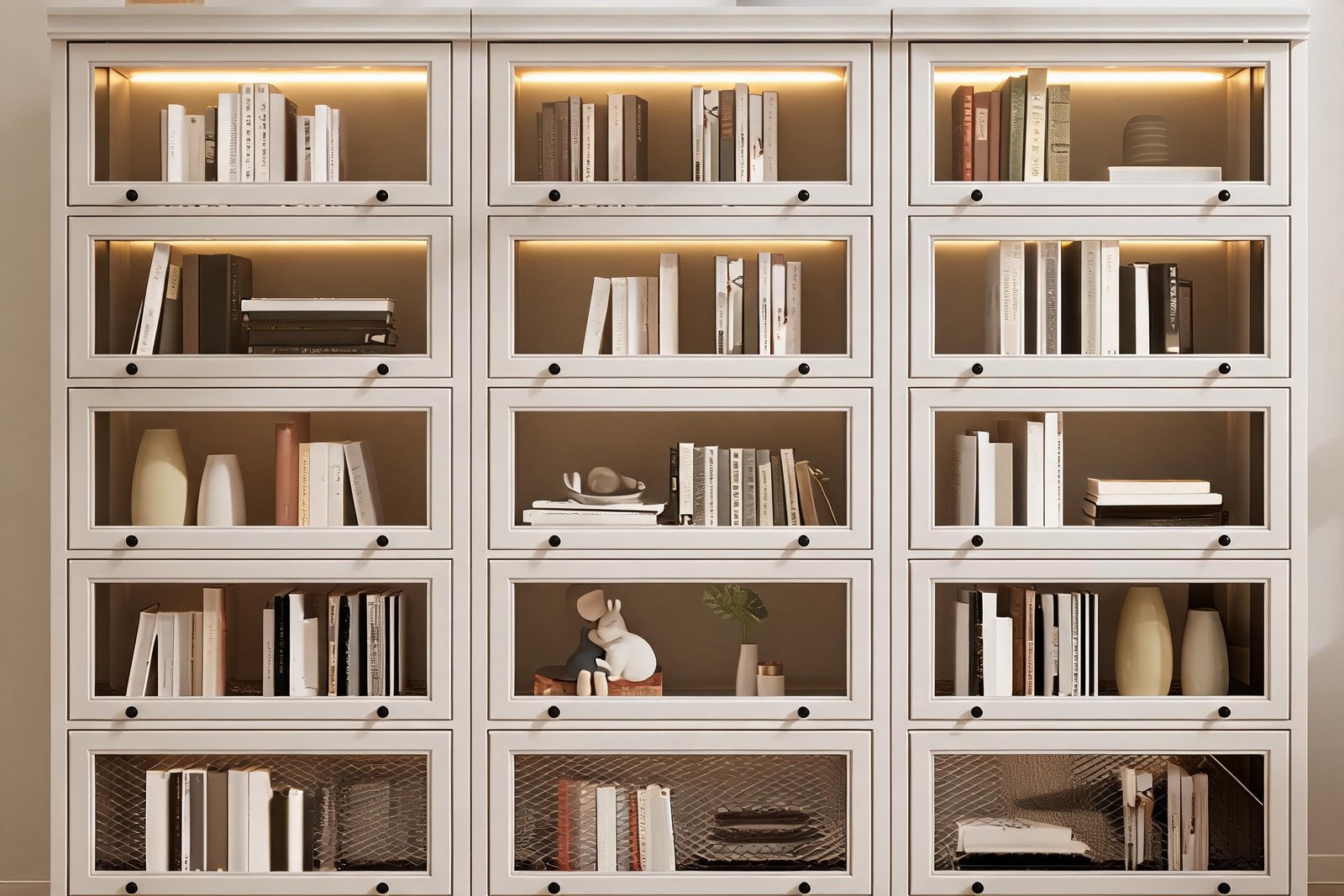 Close-up of integrated LED lighting illuminating books inside the JX-BC-037 bookcase