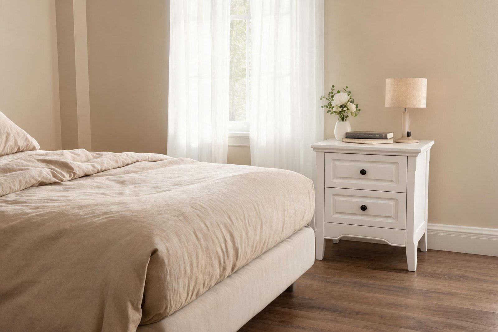 Creamy Minimalist Bedside Table JX-BT-001 in a warm cream bedroom