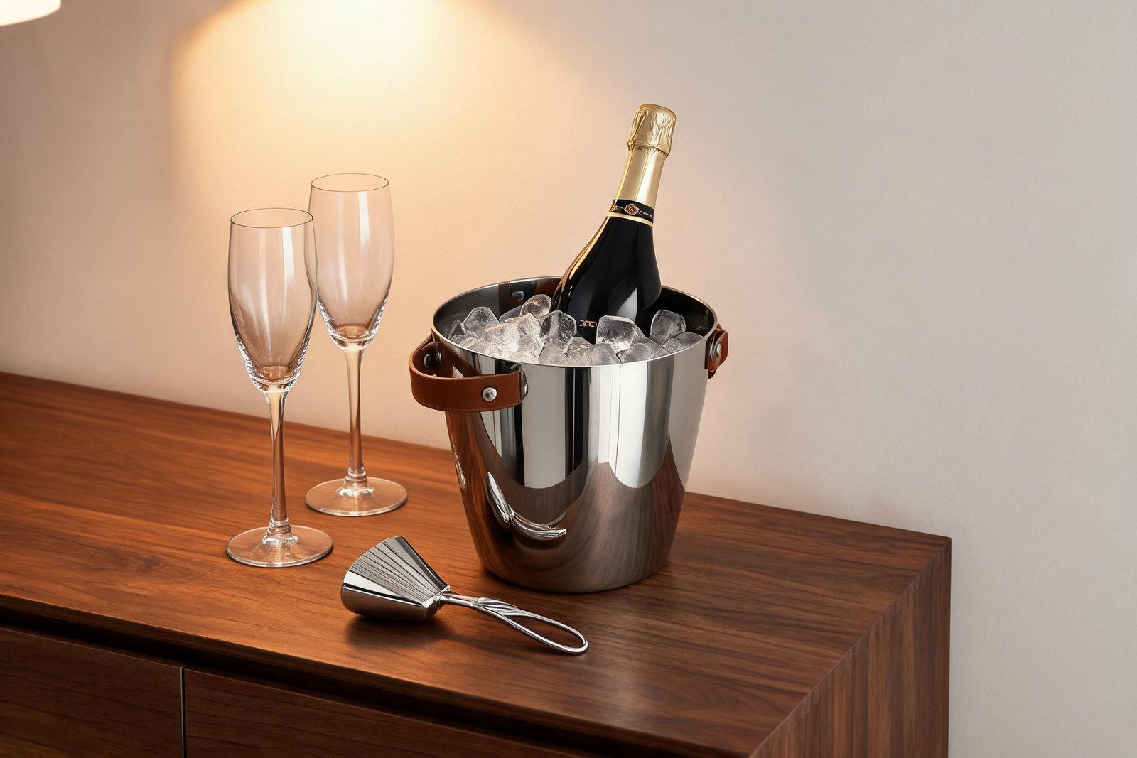Leather handled mirror polished stainless steel ice bucket holding a champagne bottle in ice