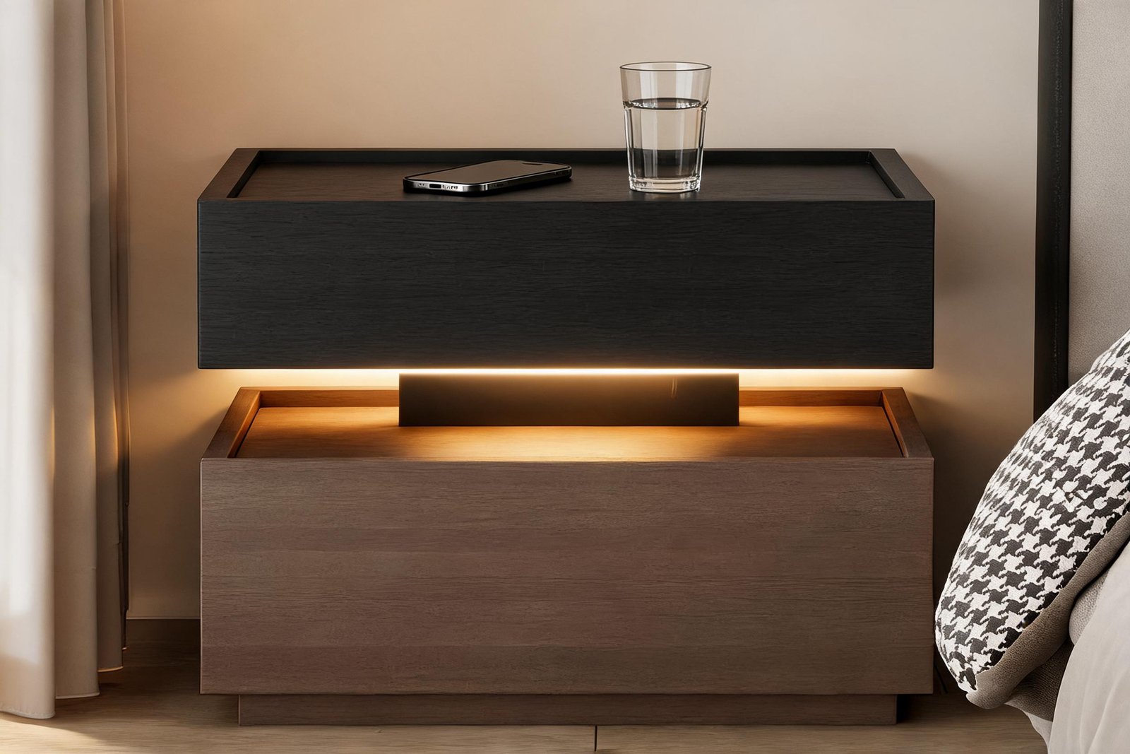 LED nightstand styled in a cozy bedroom with a phone and water glass on top