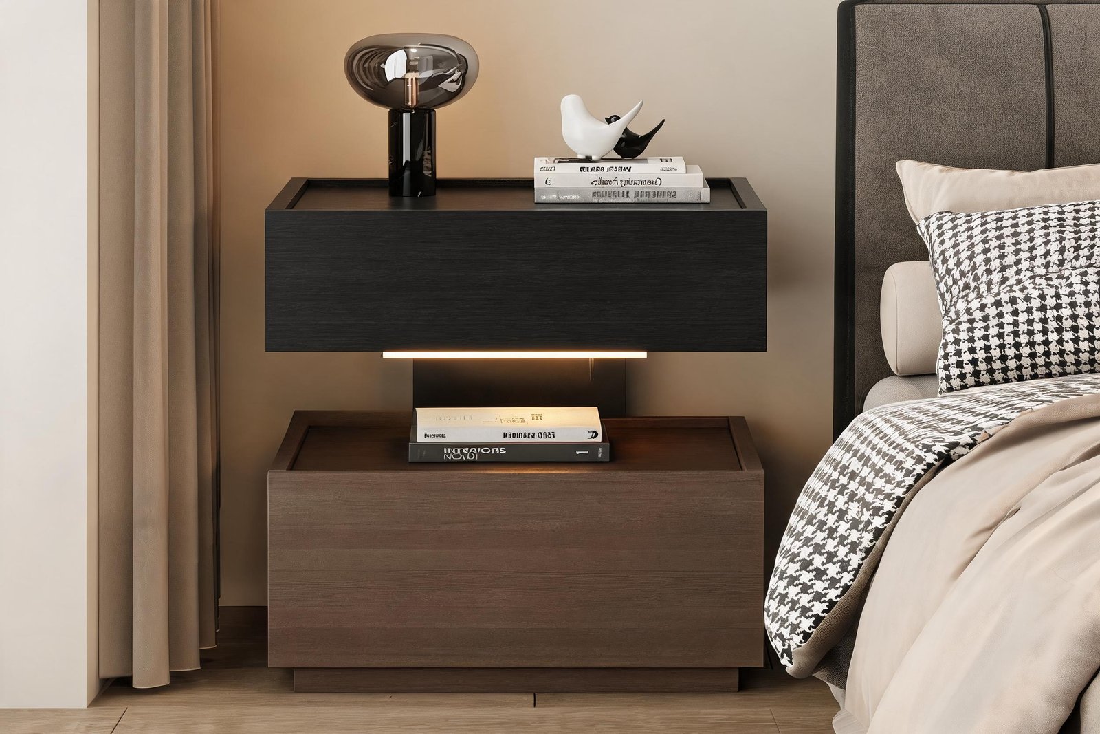 Two-tone LED nightstand with black oak and walnut beside a bed in a warm bedroom