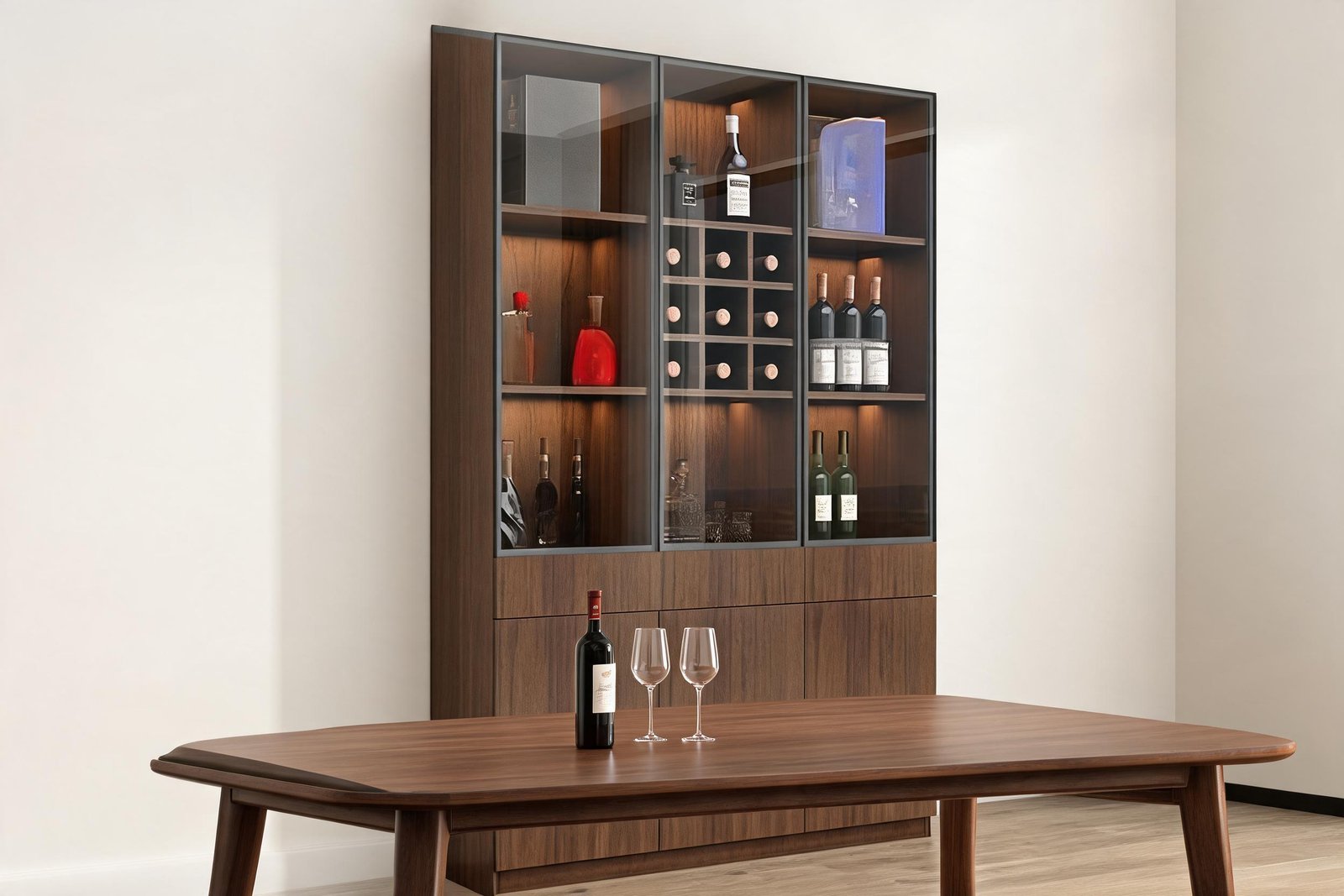 Liquor cabinet with LED lighting styled in a warm dining room
