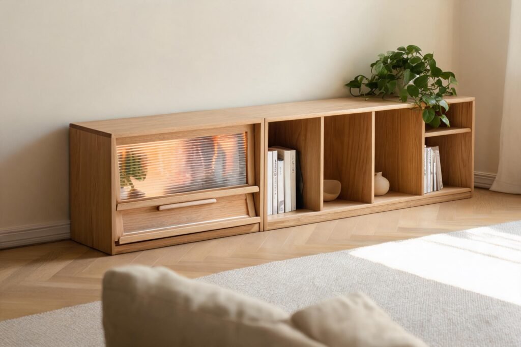 Low oak bookcase with rippled glass doors arranged for how to arrange bookshelves