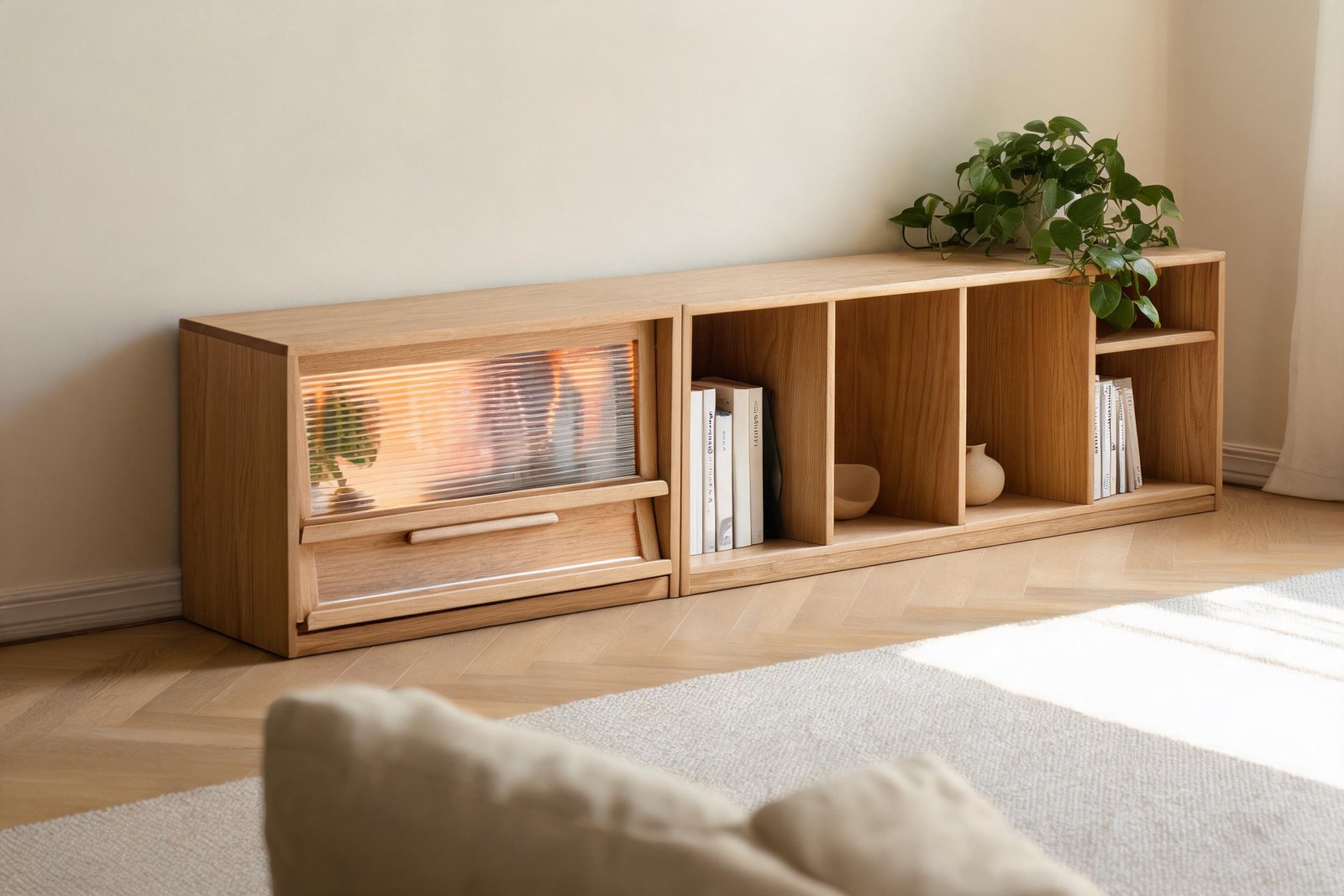 Low oak bookcase with rippled glass doors arranged for how to arrange bookshelves
