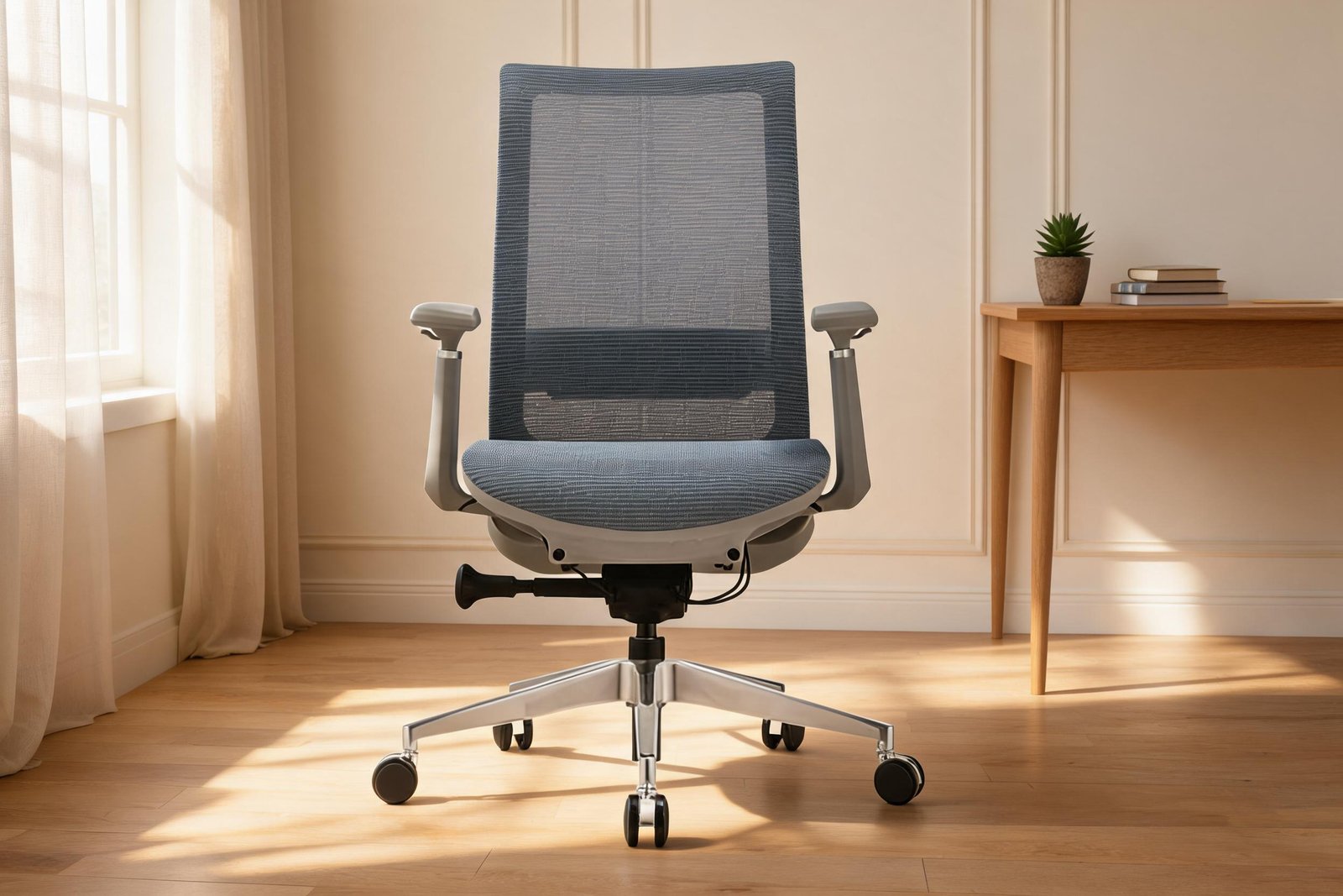 Grey mesh ergonomic office chair with aluminium base in a warm home office