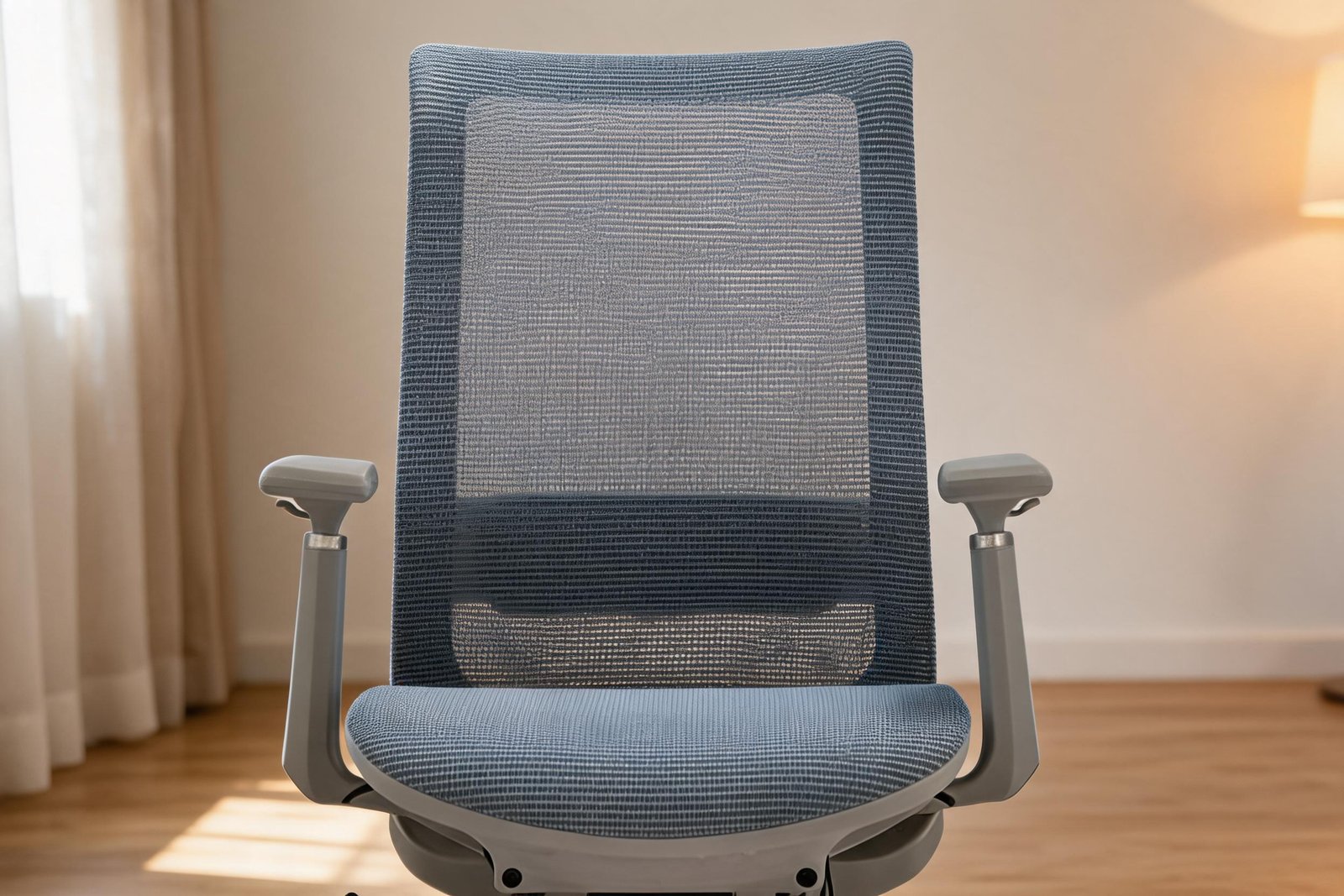 Close-up of the mesh backrest and lumbar support band on a grey ergonomic office chair
