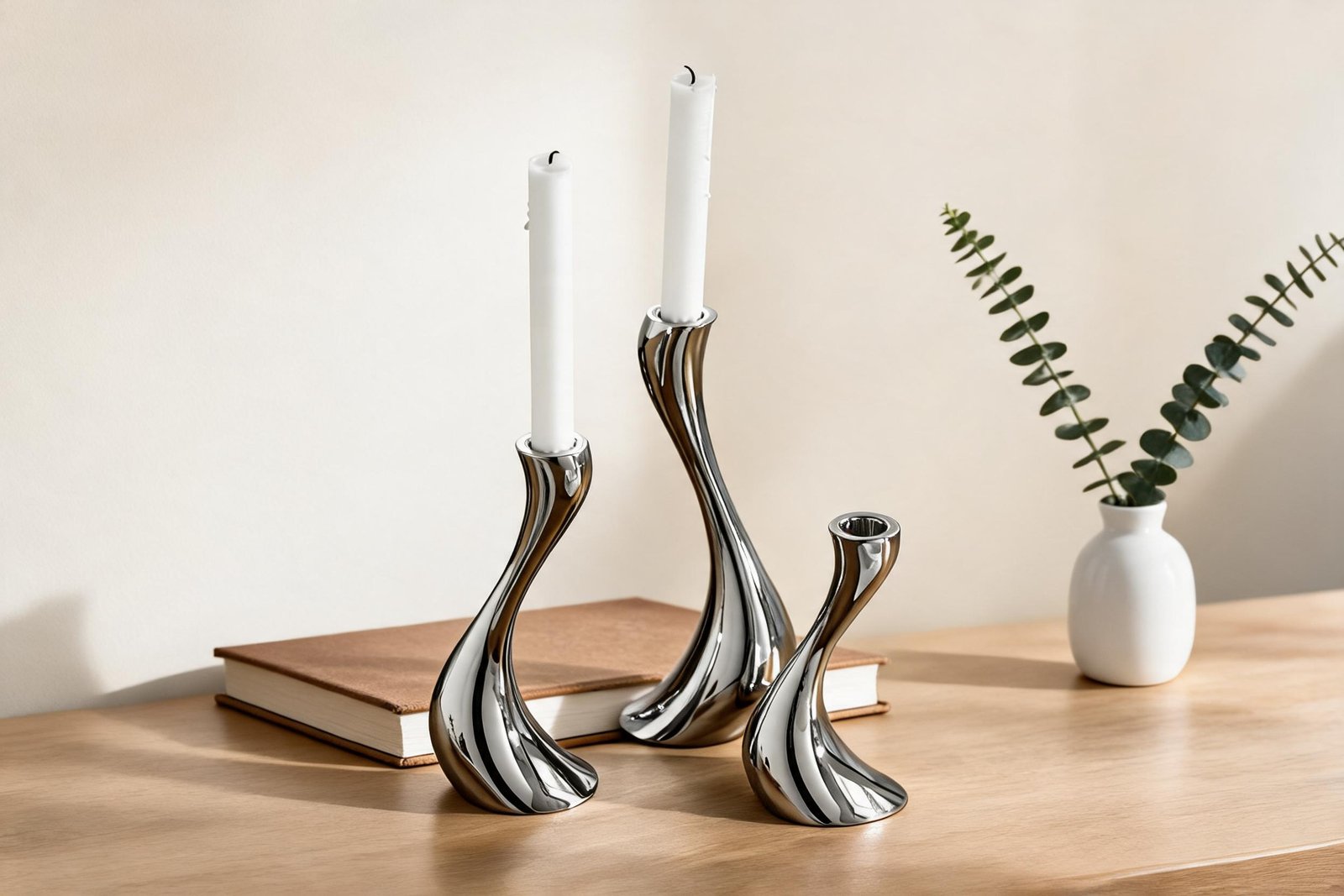 Mirror polished stainless steel candle holders styled on a console table
