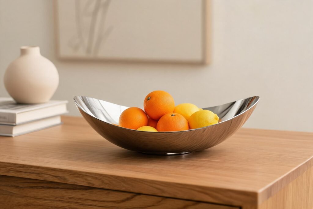 Mirror polished stainless steel decor: a leaf shaped stainless steel fruit bowl holding oranges and lemons on a warm oak console in a cream room