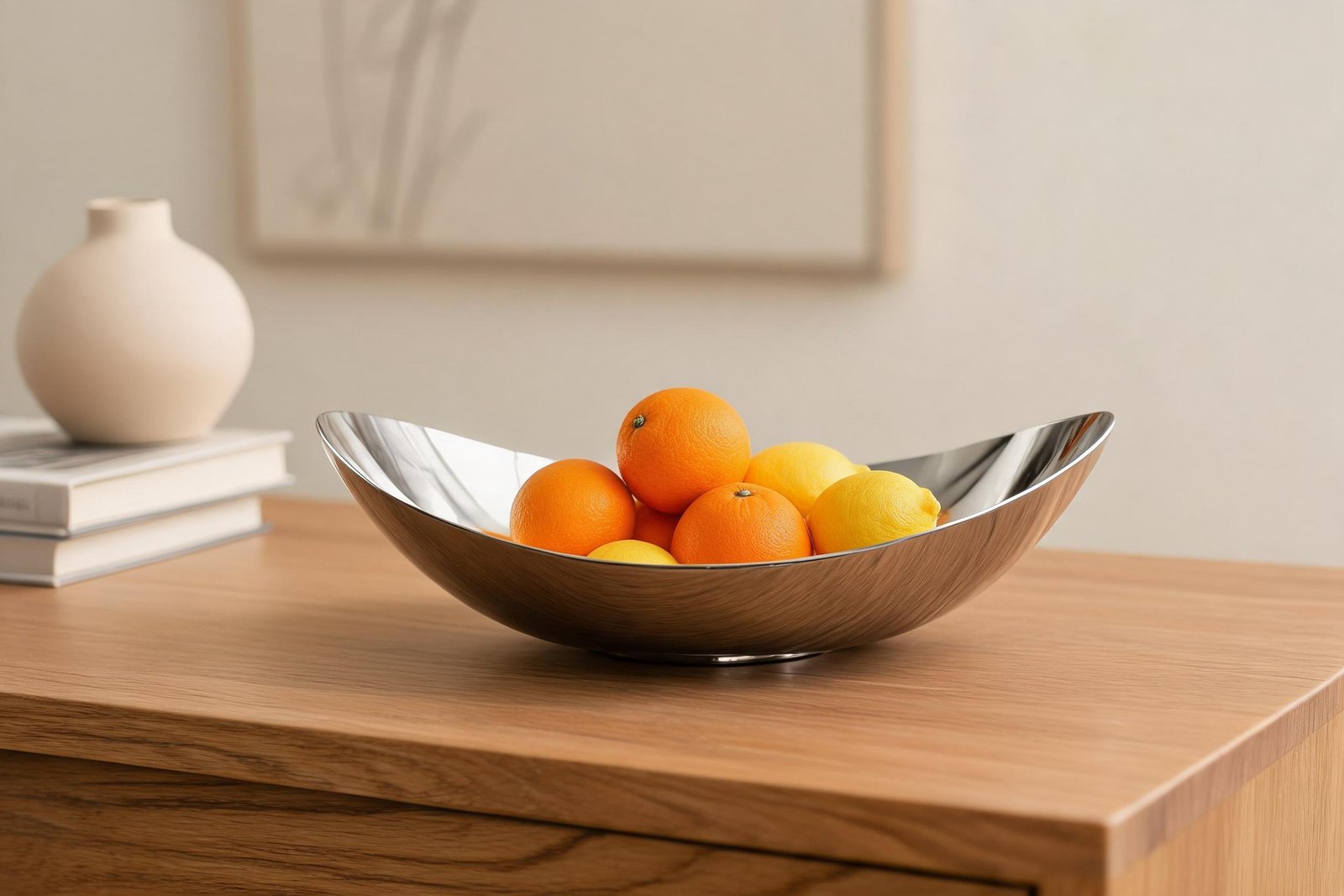 Mirror polished stainless steel decor: a leaf shaped stainless steel fruit bowl holding oranges and lemons on a warm oak console in a cream room