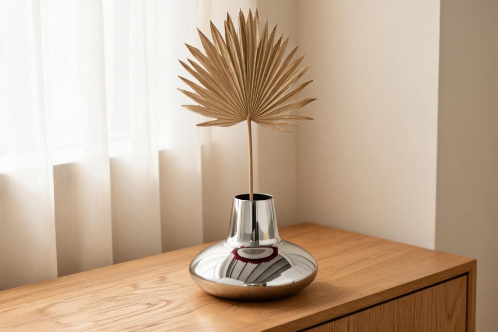 Mirror polished stainless steel UFO vase with dried palm frond on an oak console in a warm cream minimalist interior