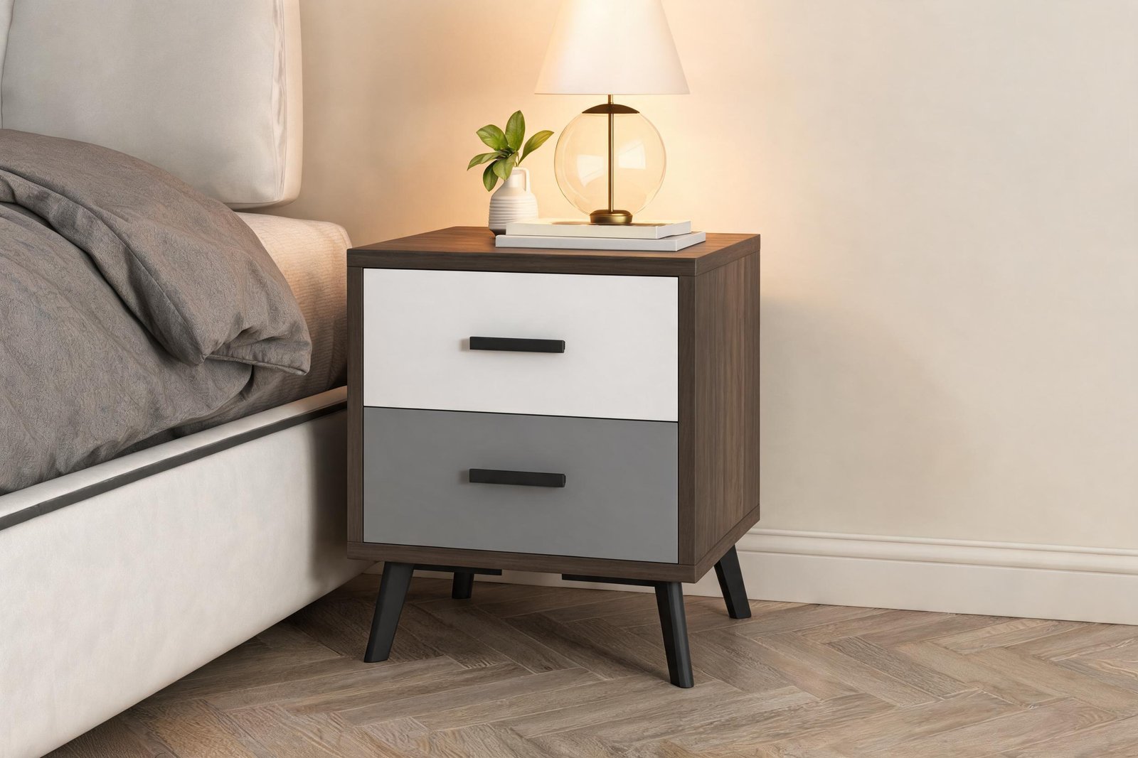 Nightstand top level with a low platform bed mattress with a warm table lamp on top, showing the right nightstand height for platform bed setups