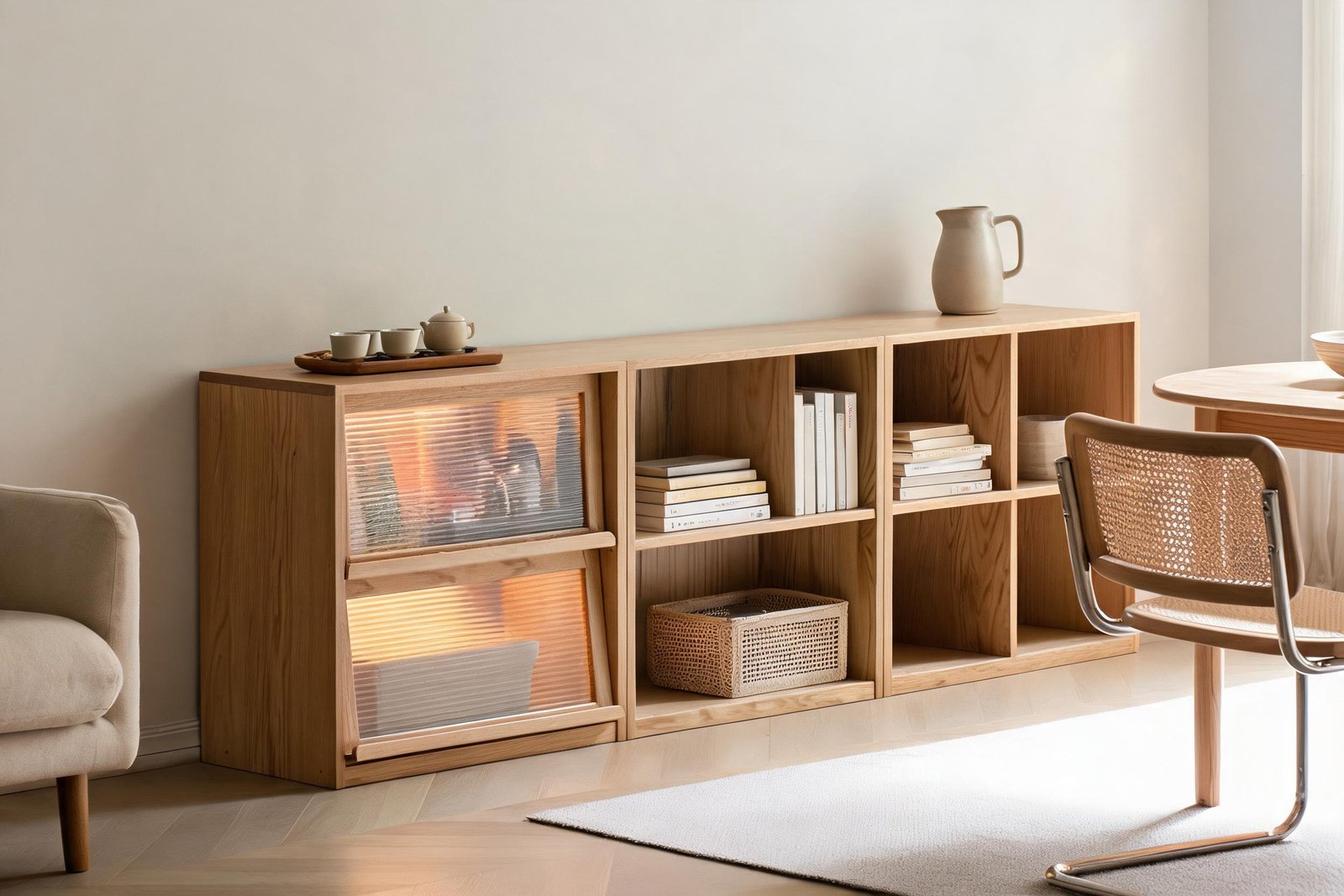 Oak bookcase used as a low sideboard showing how to arrange bookshelves with flat stacks