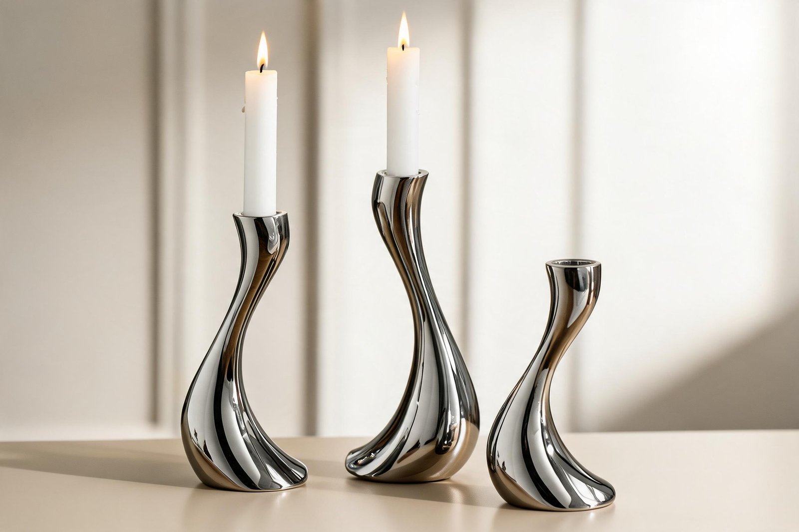 Close-up of mirror polished stainless steel S-curve candle holder with lit candle