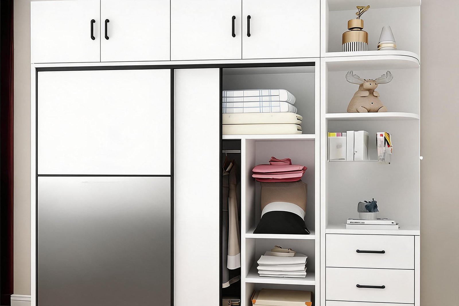 Close-up of white sliding door wardrobe drawers and matte black bar pulls on E0 eco panel