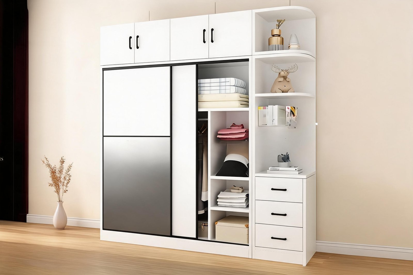 White sliding door wardrobe with two-tone sliding panel and drawers in a warm cream bedroom