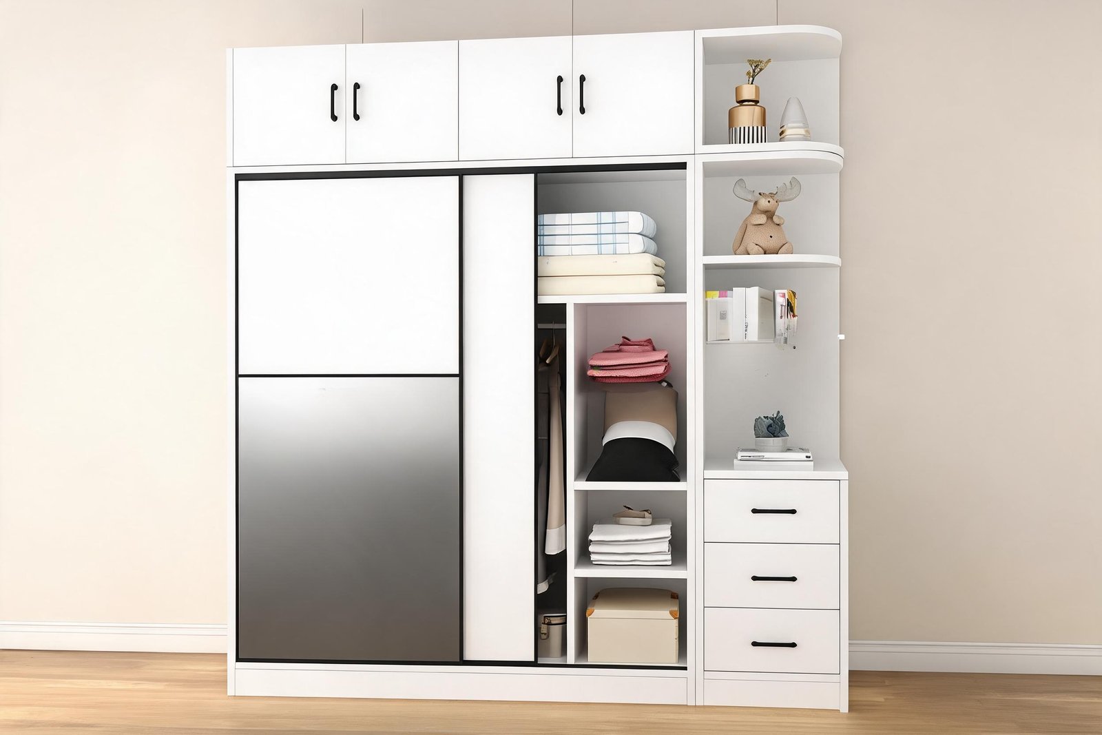 White sliding wardrobe with door open revealing hanging rails and storage drawers in a cream bedroom