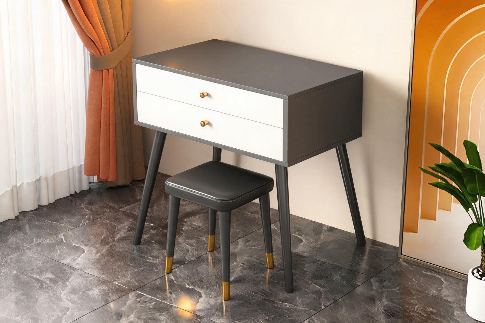 Small vanity set with mirror lid closed as a slim console table with matching stool
