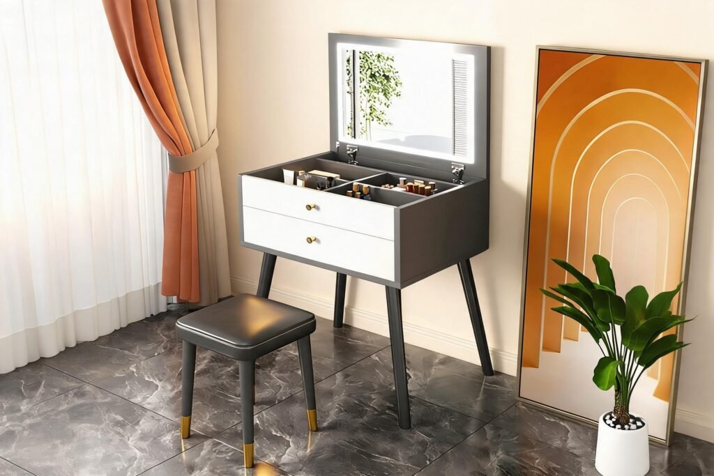 Small vanity set with flip-top LED mirror, two drawers and matching stool in a warm cream bedroom