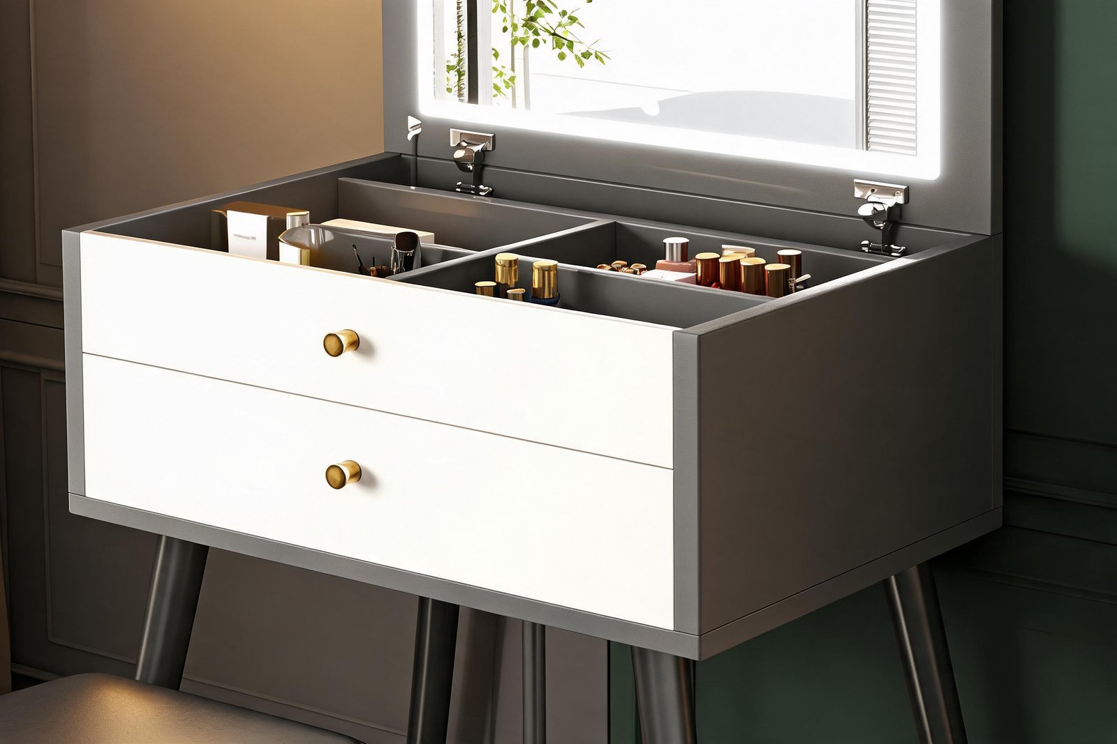 Close-up of small vanity set flip-top mirror and hidden storage with brass drawer knobs