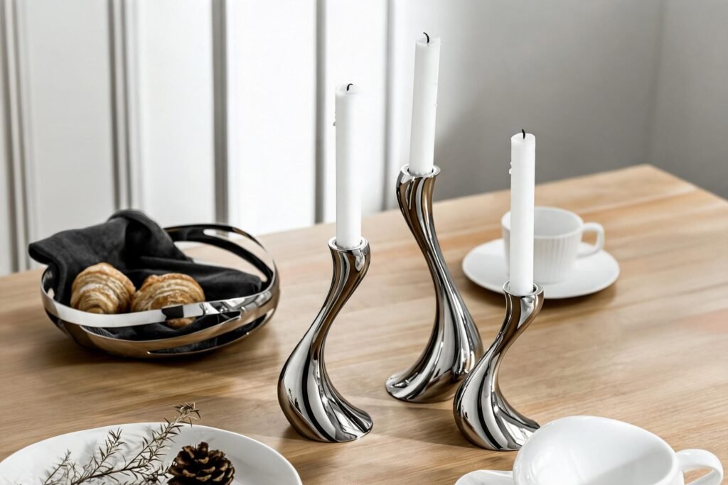 Example image showing stainless steel candle holder in a styled room setting