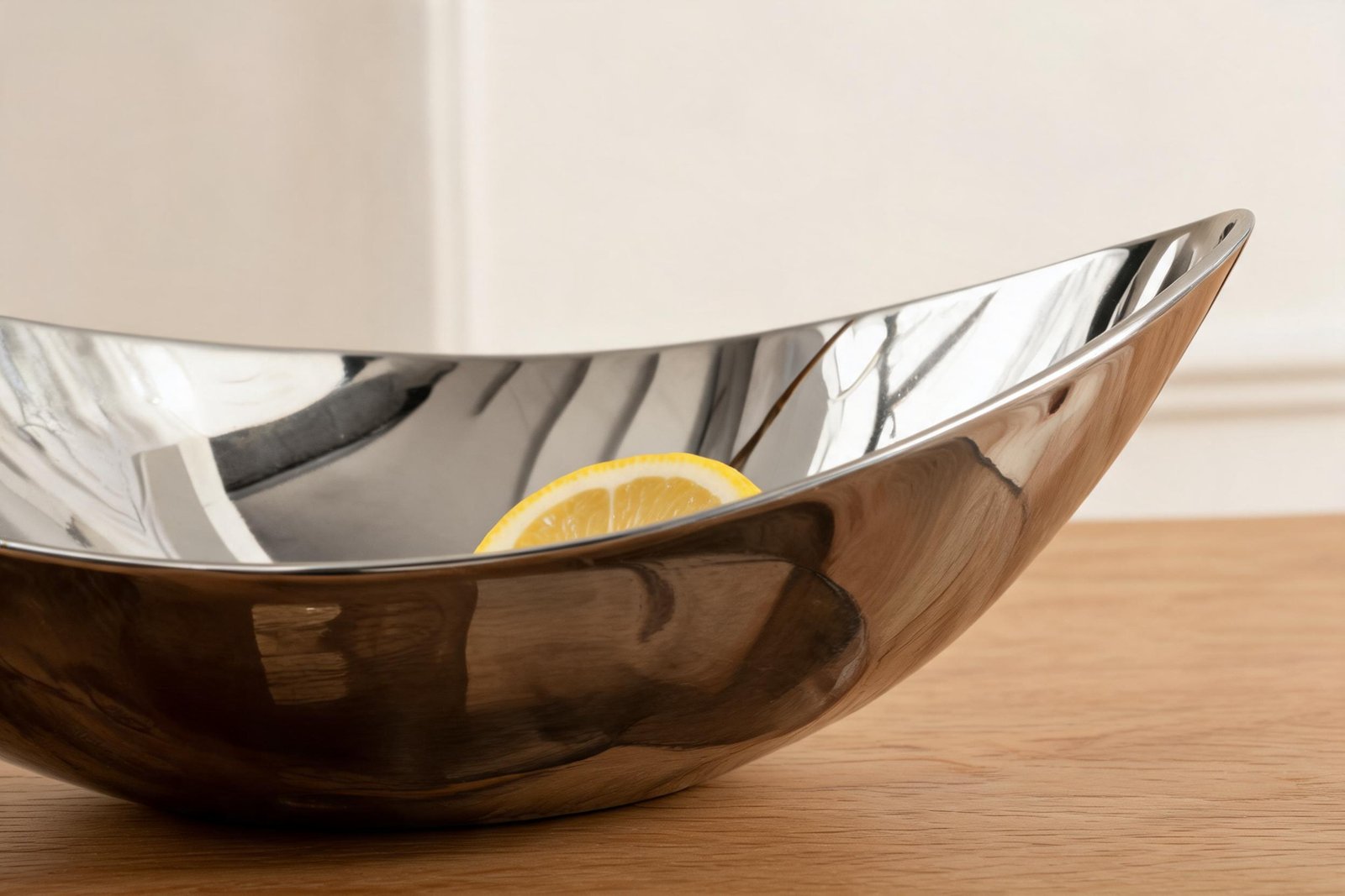 Close-up of the mirror polished rim and folded edge of a stainless steel fruit bowl with warm cream reflections and a lemon slice