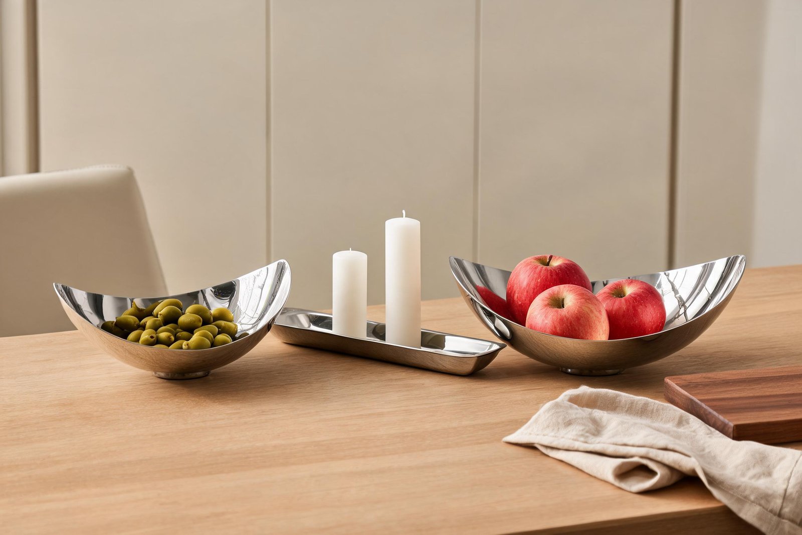 Two mirror polished stainless steel bowls of different sizes grouped with a long steel tray as stainless steel home decor on a warm oak table