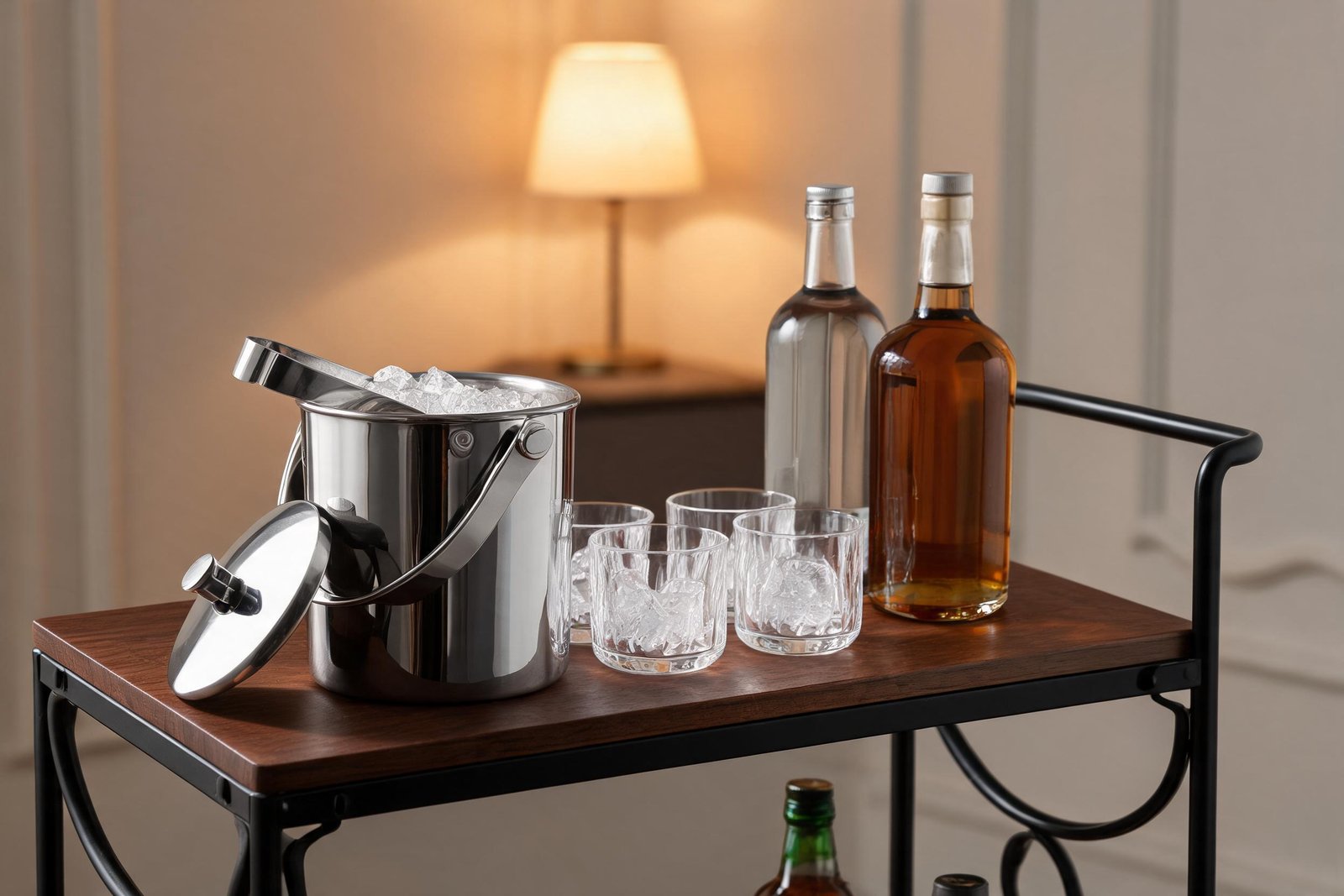 How To Keep Ice From Melting: 7 Proven Tips | Apexera 3 Stainless steel ice bucket with lid and tongs styled on a wood and steel bar cart