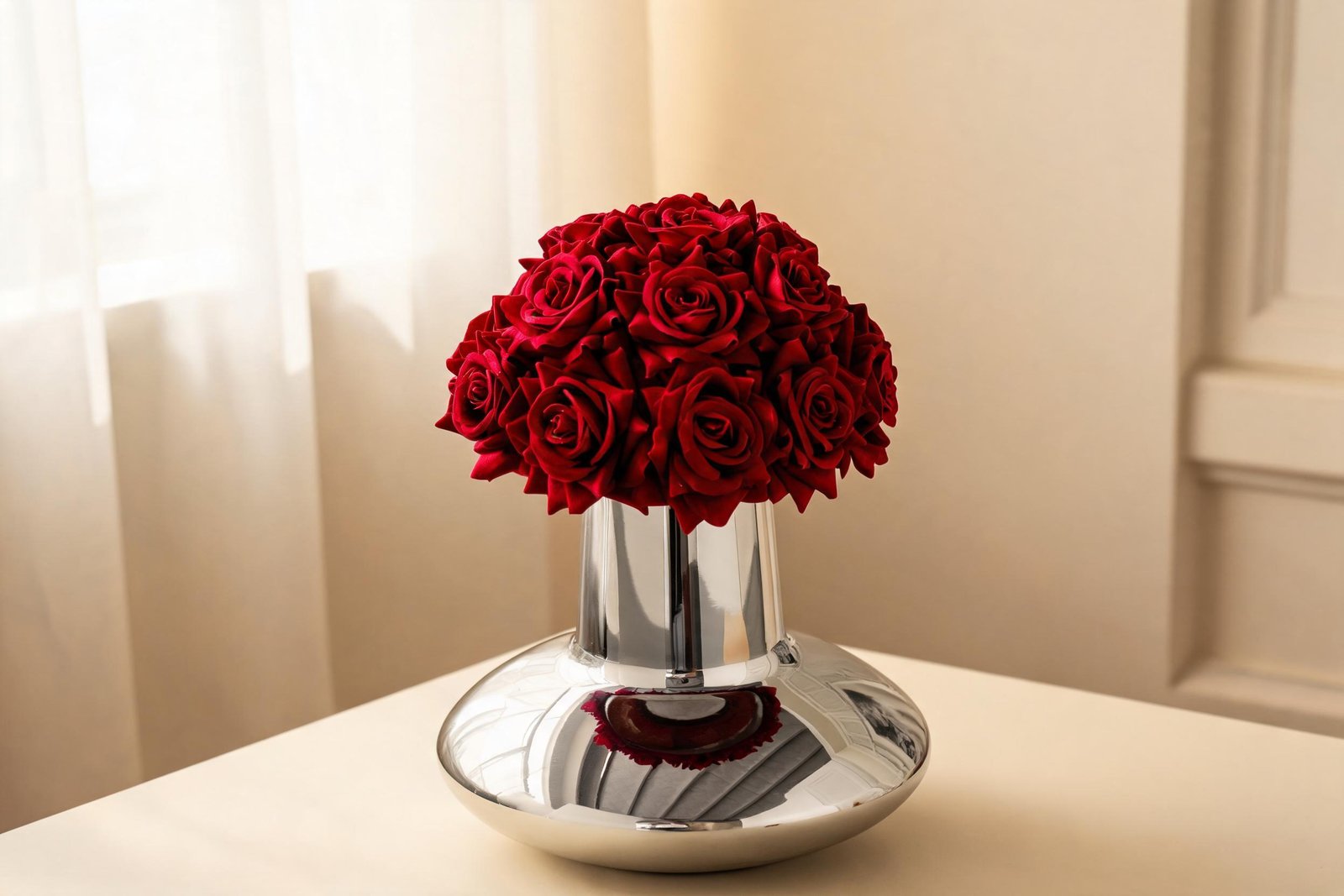 Close-up of a mirror polished stainless steel UFO vase reflecting light with a rose arrangement