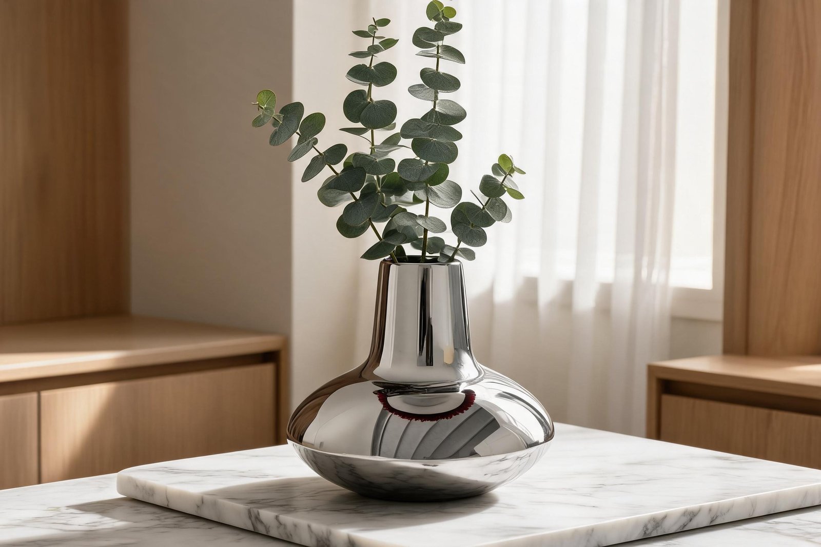 Mirror polished stainless steel UFO vase styled with eucalyptus stem on a marble tray in a warm modern interior