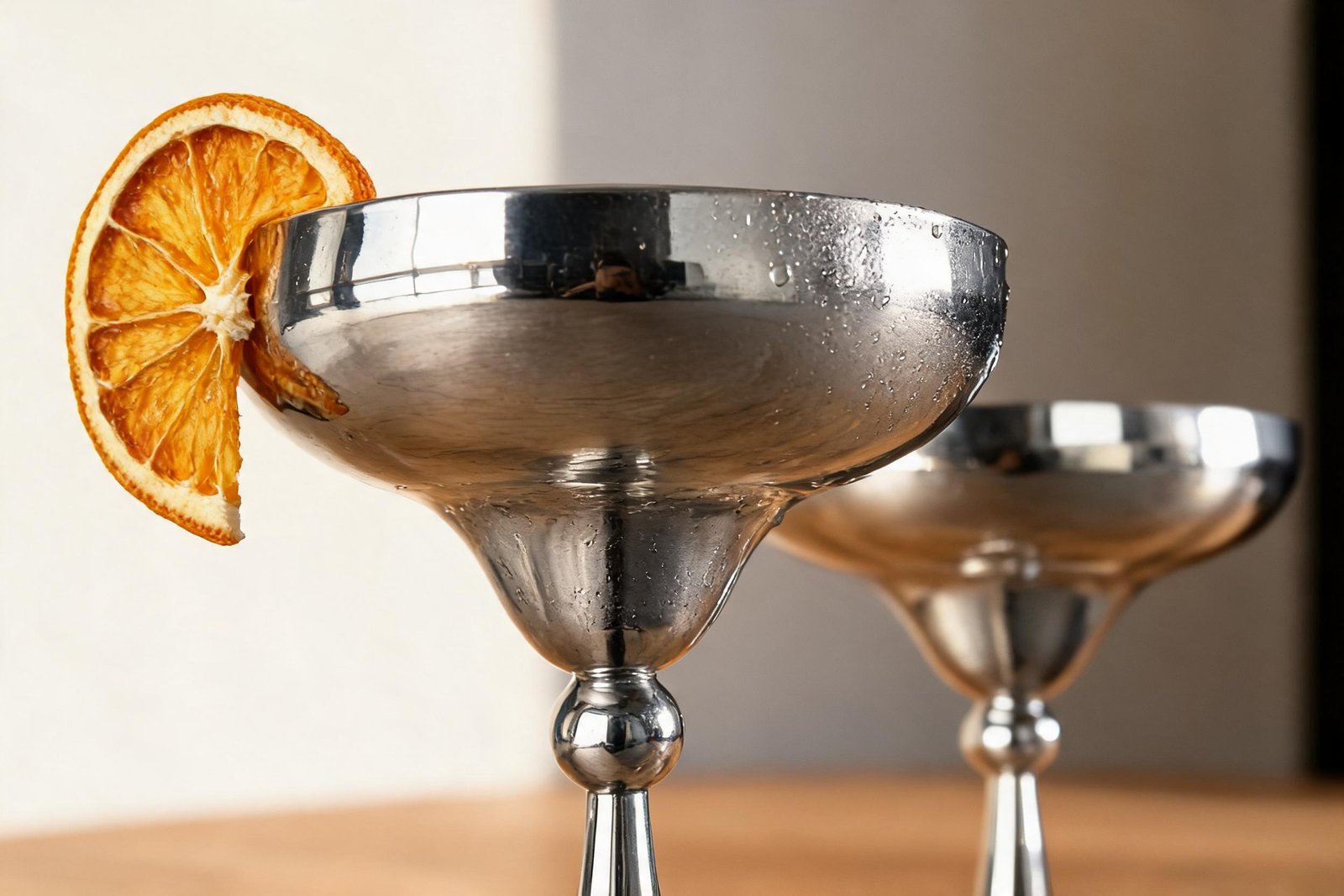Close up of a mirror polished stainless steel cocktail coupe rim, ball knop and stem with condensation, styled for a bar cart in autumn
