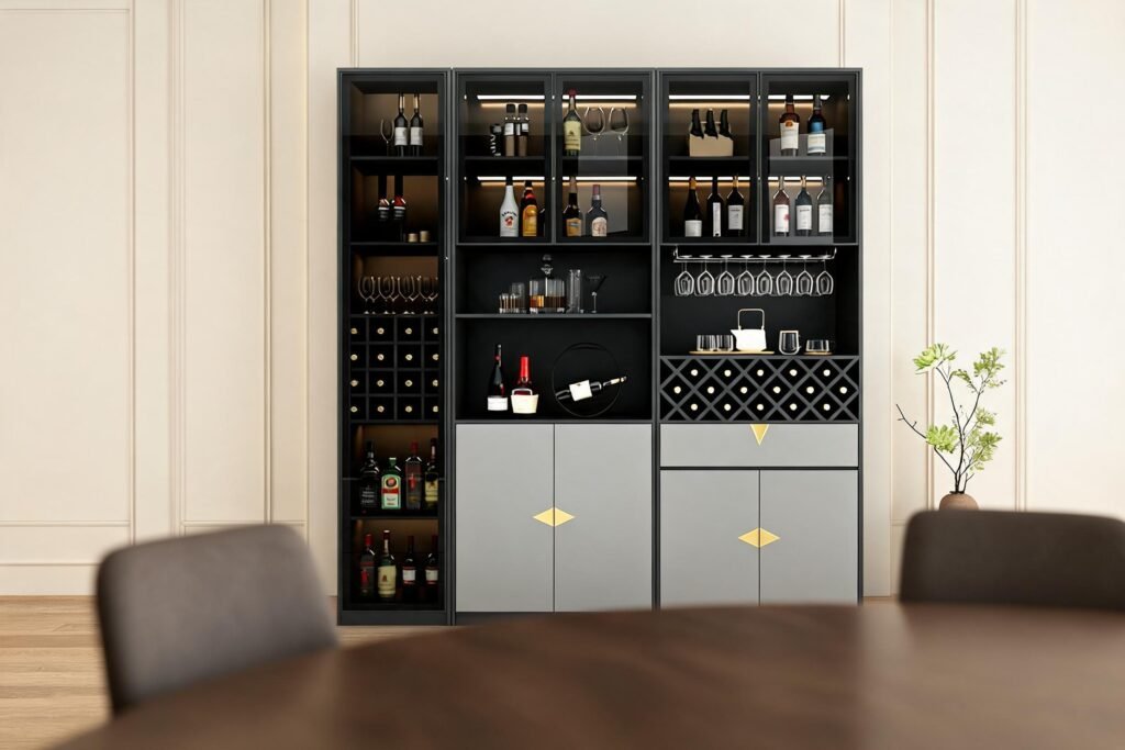 Example image showing wine cabinet vs wine fridge in a styled room setting