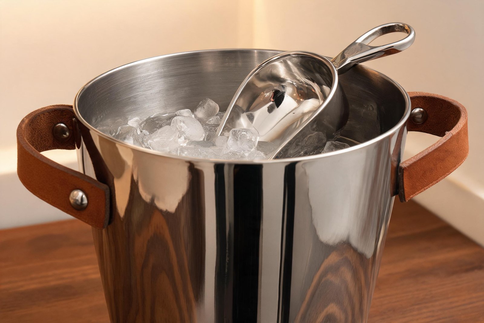 Close-up of the tan leather strap handle and rivets on a mirror steel ice bucket