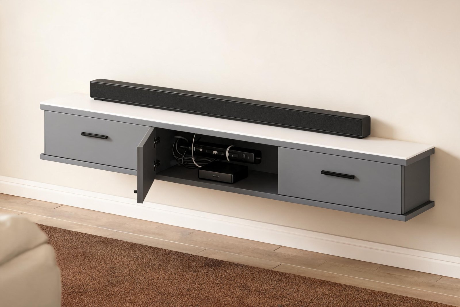 How to Hide TV Cables: 7 Proven Fixes | Apexera 2 Open flap door of a grey floating media console showing tv stand cable management ideas inside