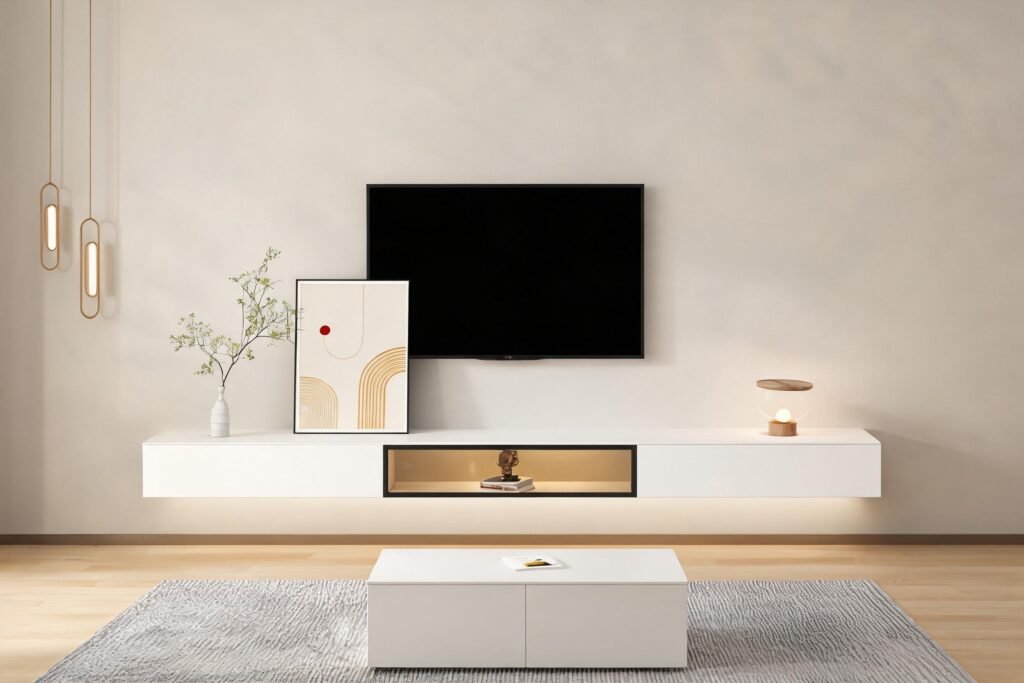 TV stand with LED lights: a long white wall mounted floating media console with a black framed glass display compartment glowing warm below a blank wall mounted television in a cream living room