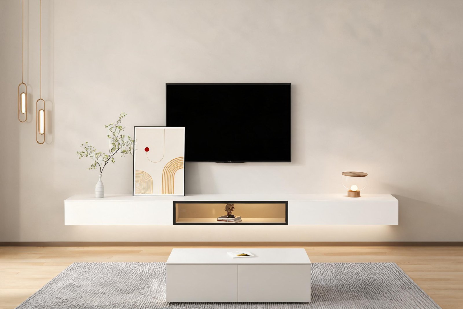 TV stand with LED lights: a long white wall mounted floating media console with a black framed glass display compartment glowing warm below a blank wall mounted television in a cream living room