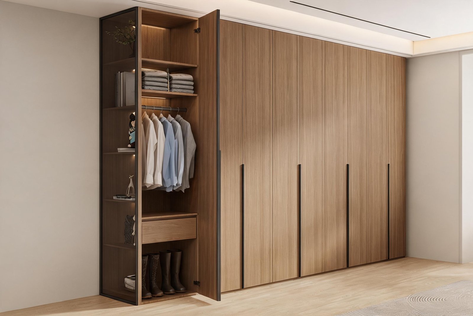 Open modular wardrobe module with hanging rail, folded stacks and drawers showing wardrobe organization ideas