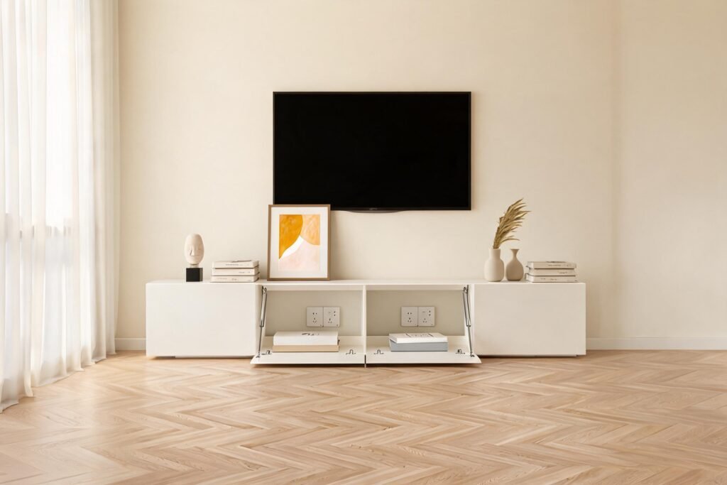 59-inch white media console with gas strut drop-down door and two hidden-handle drawers in a warm cream minimalist living room