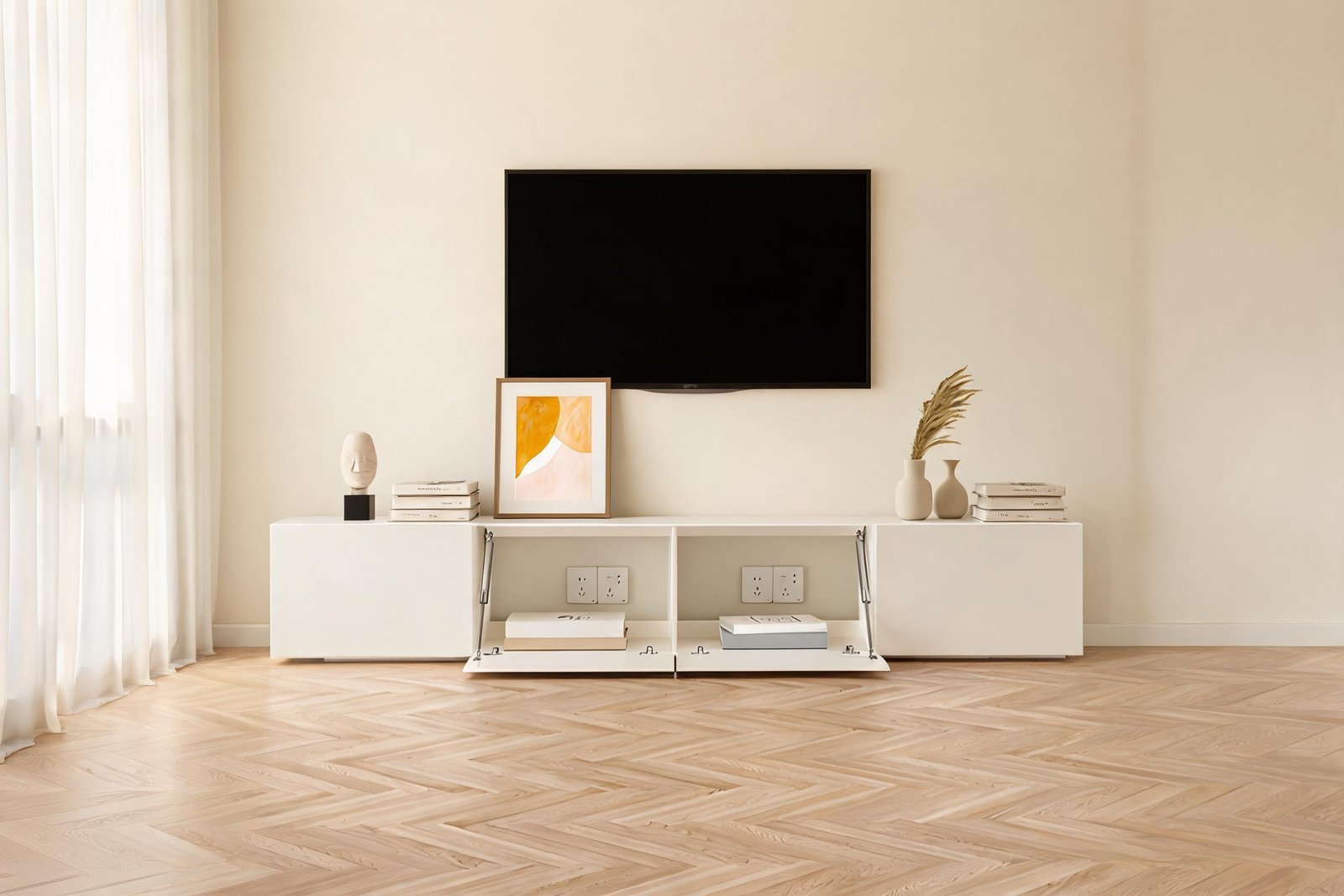 59-inch white media console with gas strut drop-down door and two hidden-handle drawers in a warm cream minimalist living room