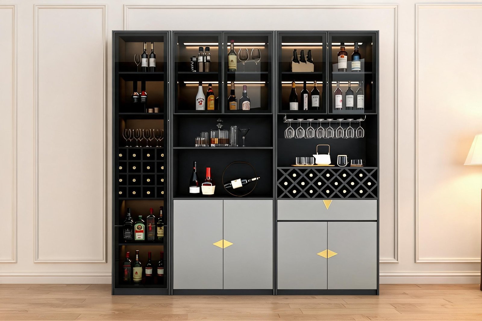 Open bar niche of a wine cabinet styled with a decanter, glasses and bottles on the diamond wine rack