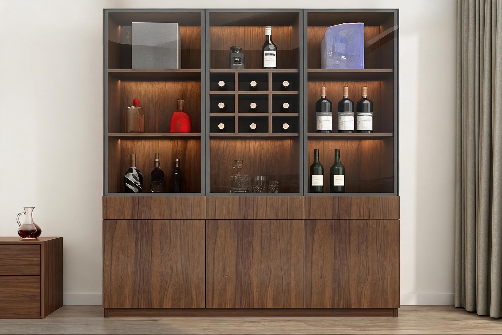 Wood grain wine cabinet with LED lighting and glass doors in a dining room